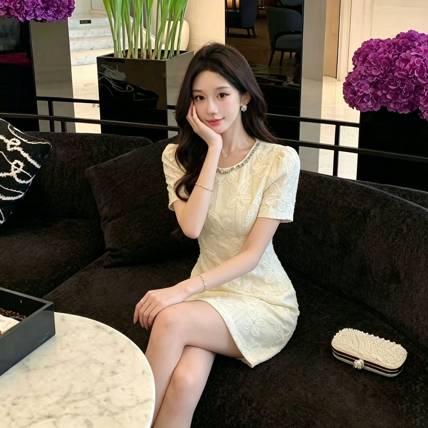 Crystal Trim Floral Textured Puff Sleeve Dress