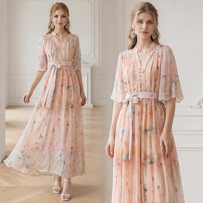 Peach Blossom Mock-Neck Chiffon Gown
