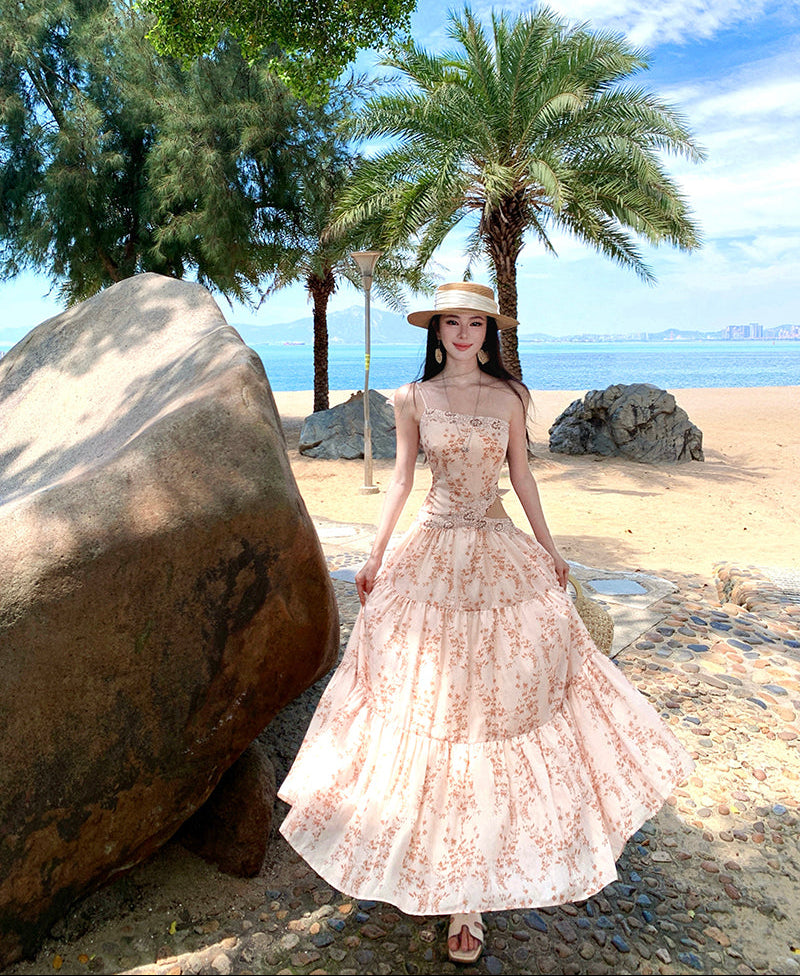 Peach Floral Lace-Trim Cutout Maxi Dress