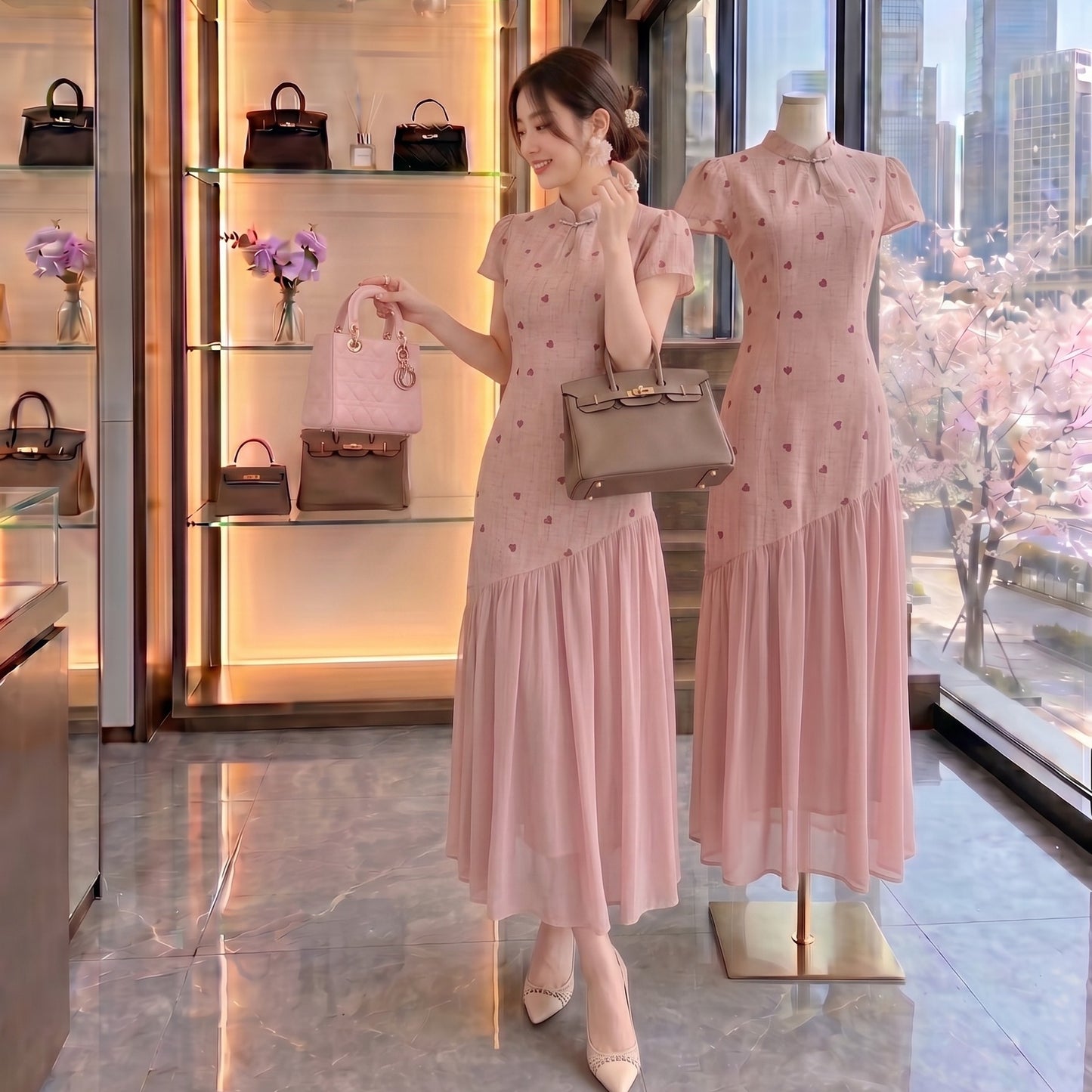 Pink Blossom Asymmetric Cheongsam Midi Dress