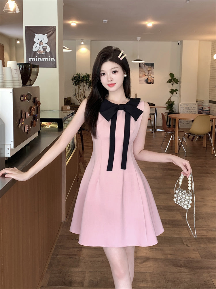 Rose Pink Bow-Accent A-Line Mini Dress