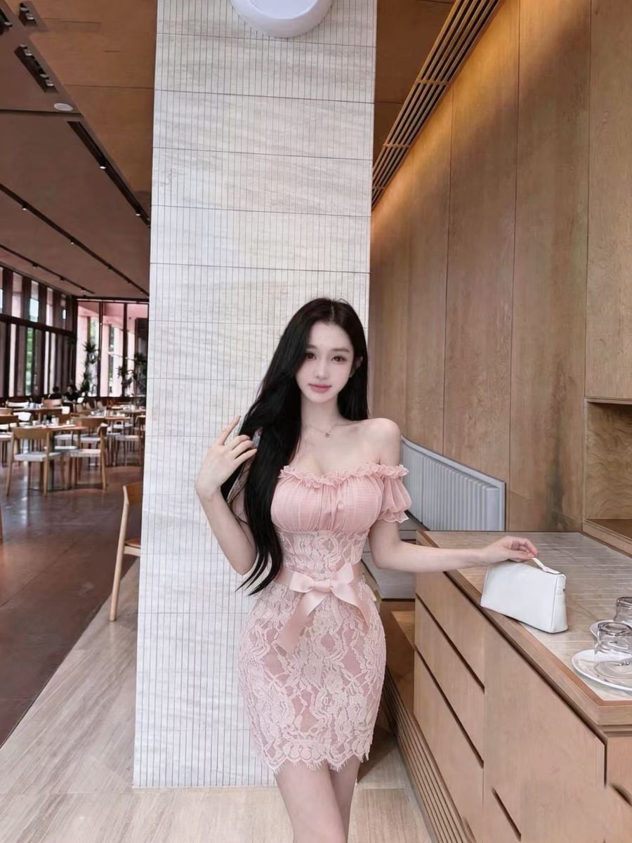 Pink Lace Waist Bow Off-Shoulder Mini Dress