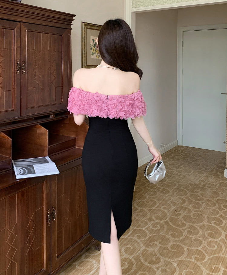 Pink Rosette Off-The-Shoulder Dress
