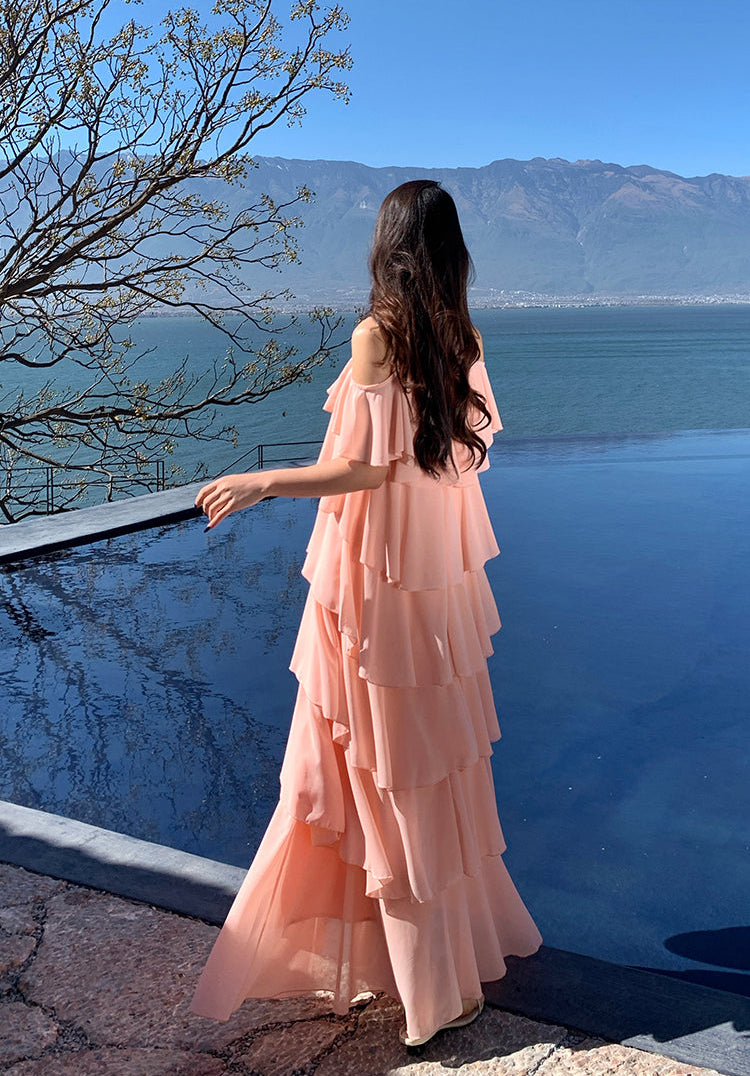 Multi-Layered Tiered Chiffon Halter Maxi Dress