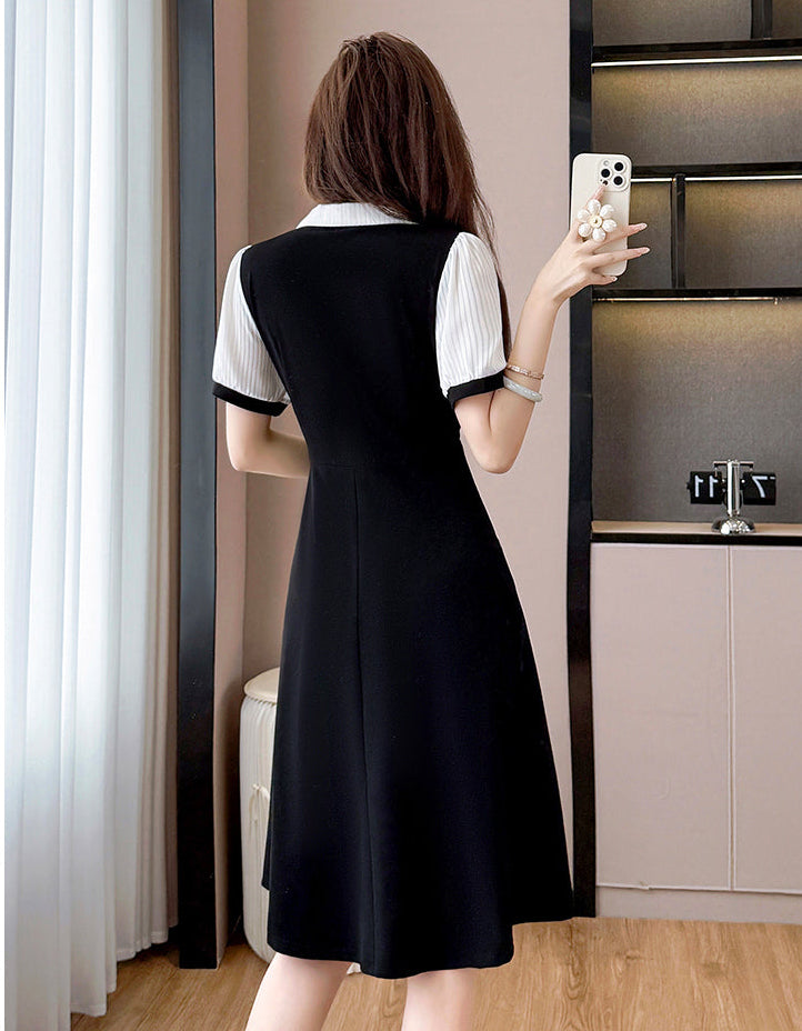 Plus Size French Retro Dress-Black And White Contrast Sleeve Fit And Flare Midi