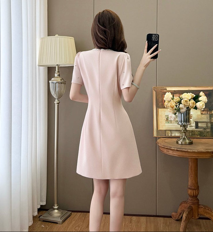 Plus Size Pearl-Neckline A-Line Dress In Rose Pink