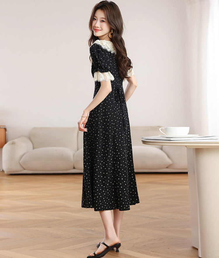 Vintage Polka Dot Midi Dress With Scalloped Lace Collar