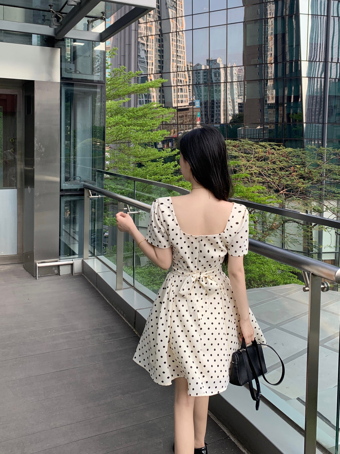 Vintage Polka Dot A-Line Mini Dress With Square Neck & Puff Sleeve
