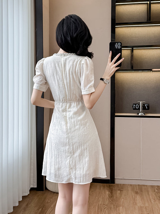 Summer Plissé High-Waist Fit & Flare Dress With Scalloped Neckline
