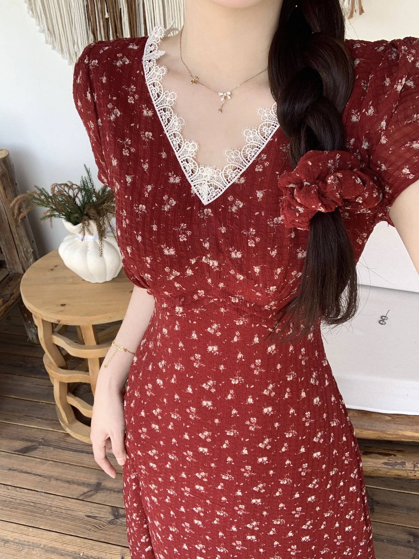Summer Red Chiffon Maxi Dress-Retro Puff Sleeve Empire Waist Vacation Dress