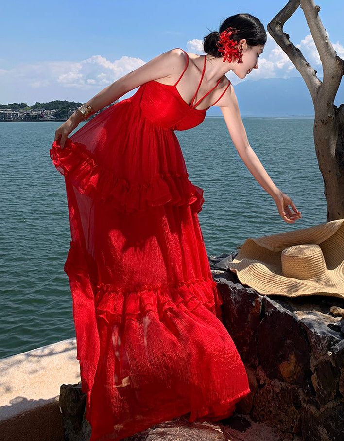 Red Tiered Ruffle Maxi Dress