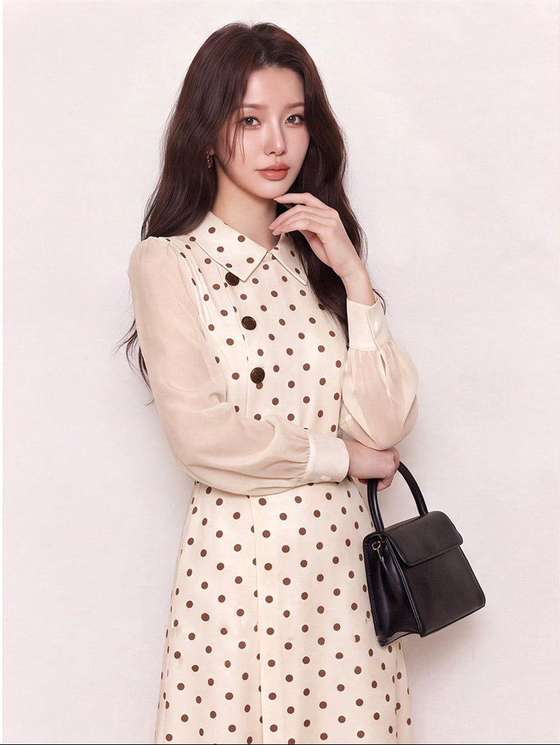 Retro Belted Polka Dot Dress with Chiffon Sleeves