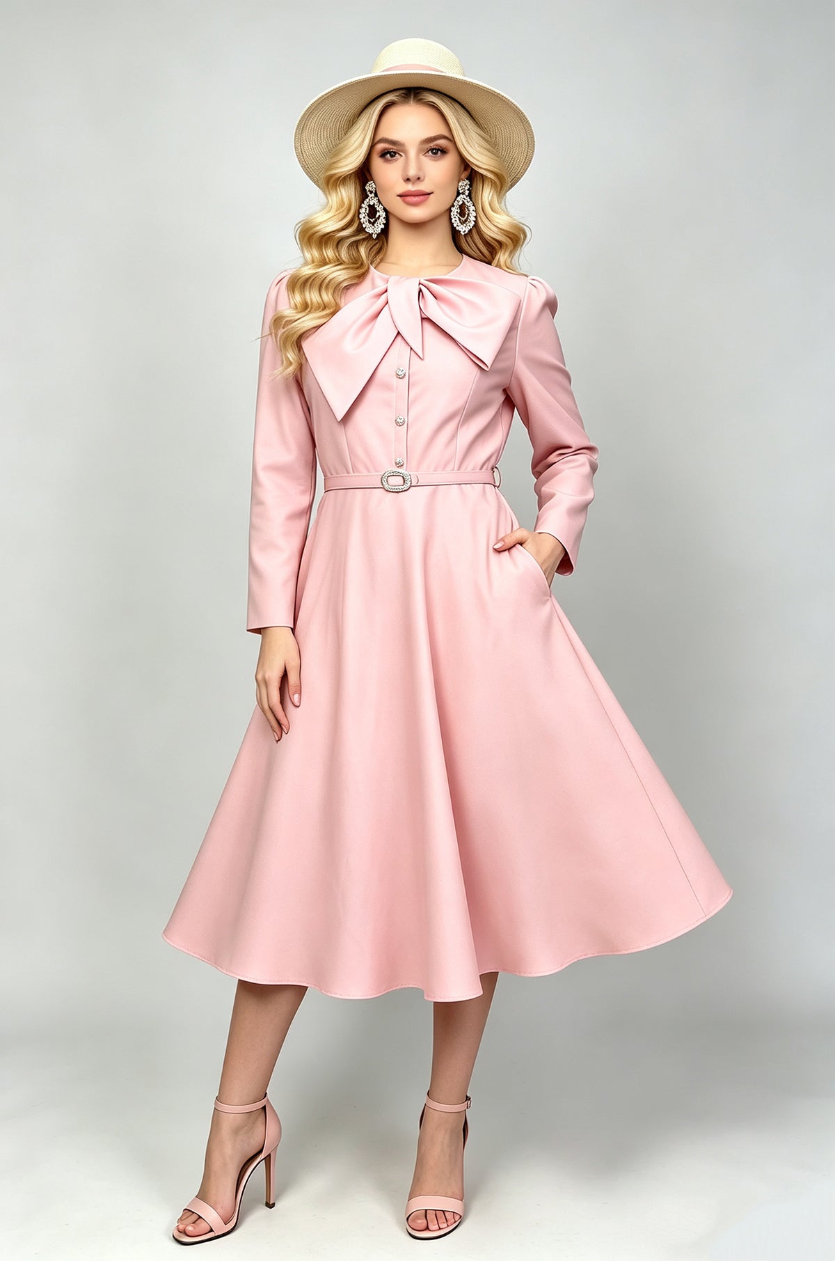 Retro Bow Tie Neck Long Sleeve Midi Dress with Belt (Pink & Off-White)