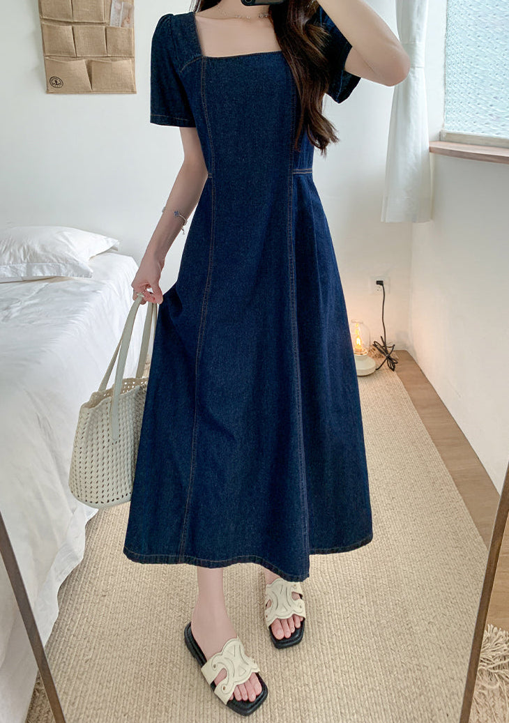 Retro Square Neck Denim Maxi Dress with Puff Sleeves