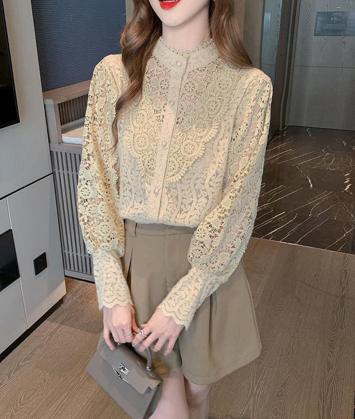 Rosalie Hollow-Out Guipure Lace Lantern Sleeve Blouse