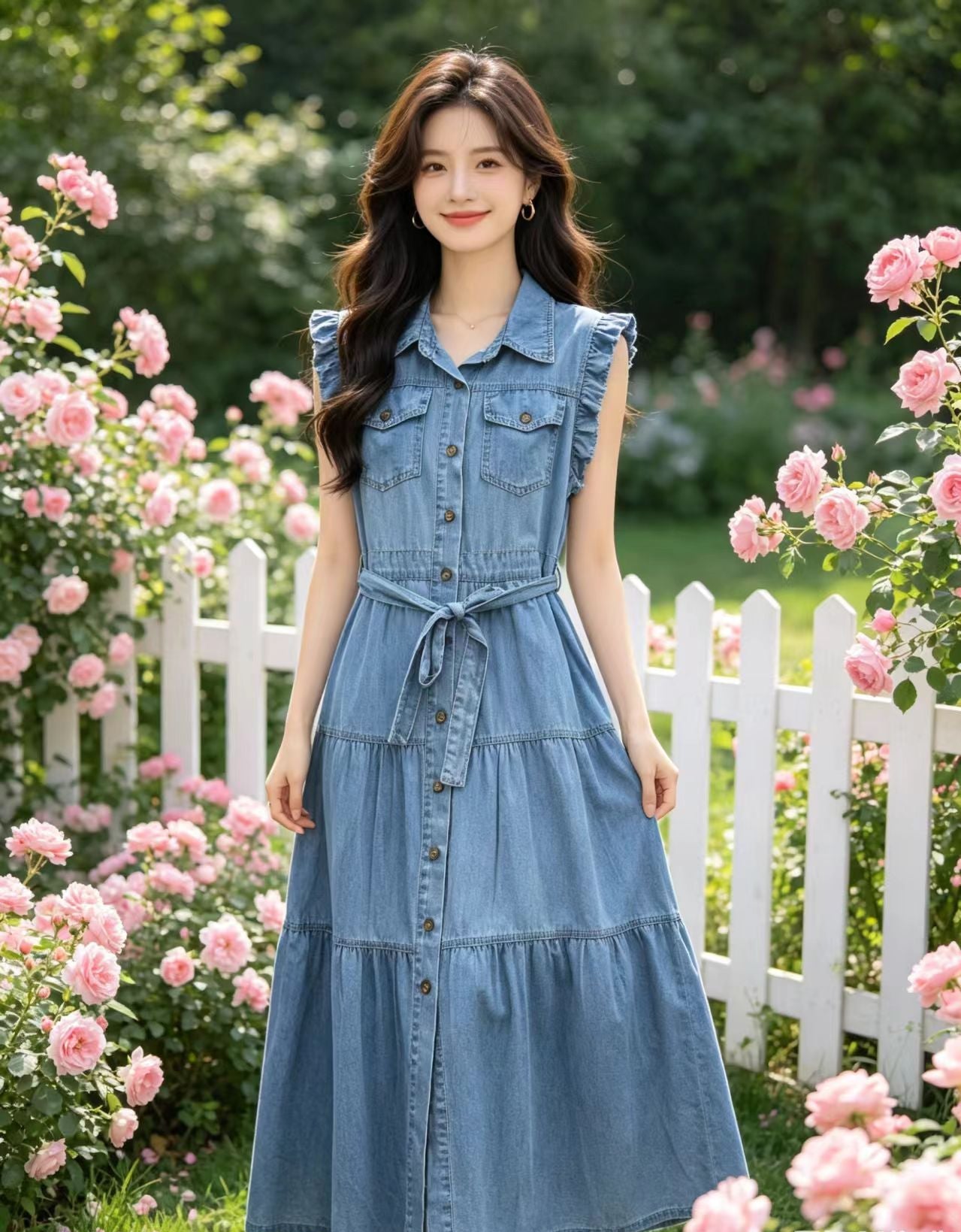 Ruffle Sleeve Tiered Denim Midi Dress with Belt