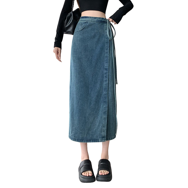 High-Waist Denim Wrap Midi Skirt With Side-Tie Detail
