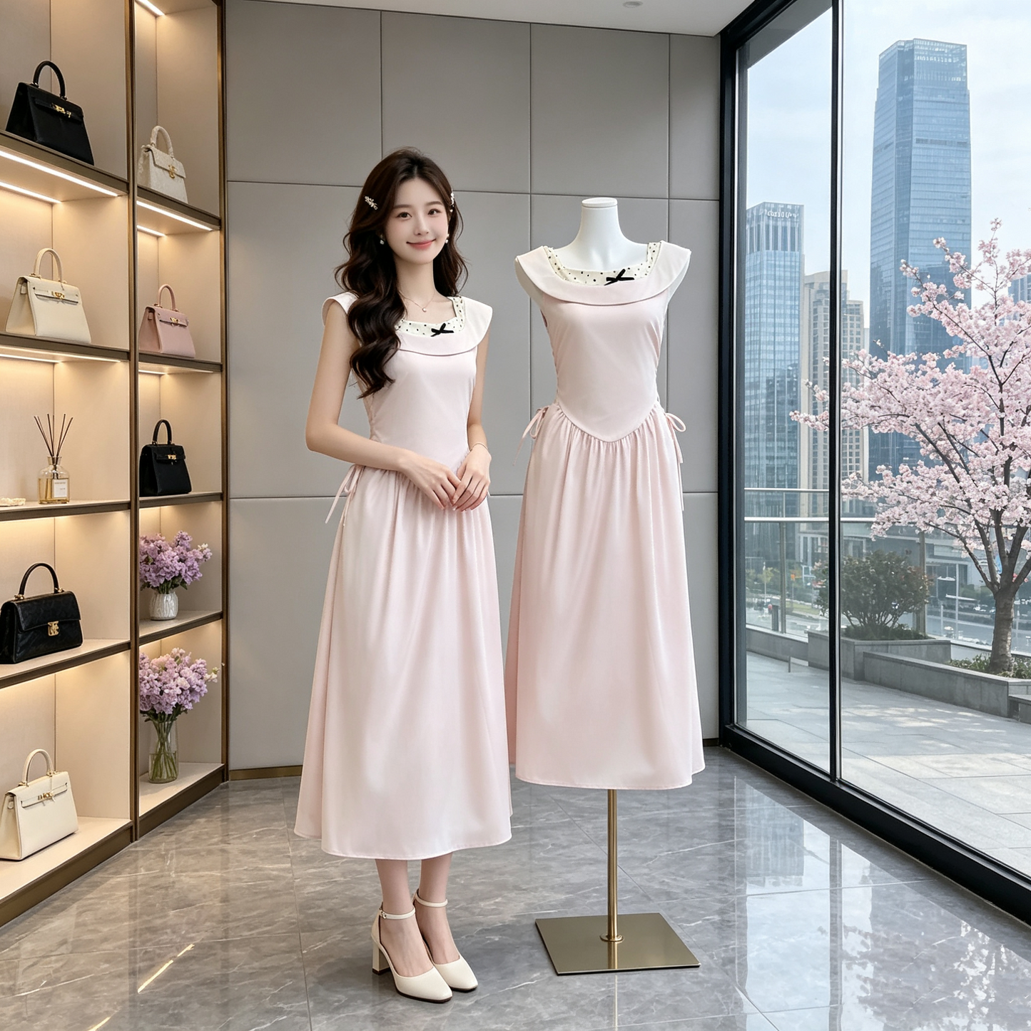 French Vintage Fold-Neck Midi Dress