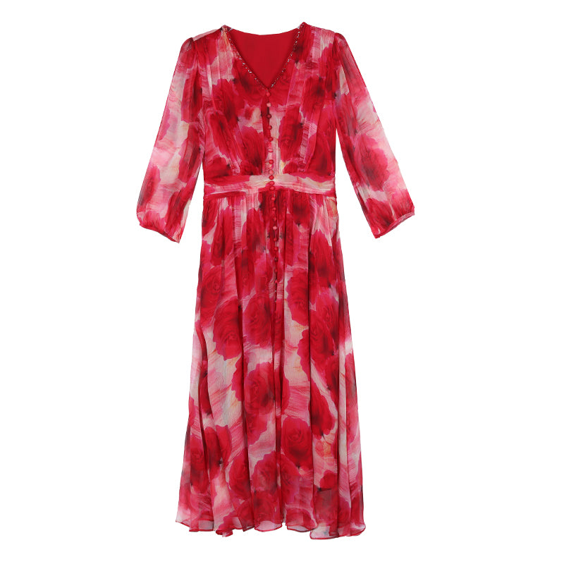 Scarlet Rose Chiffon V-Neck Midi Dress-Plus Size