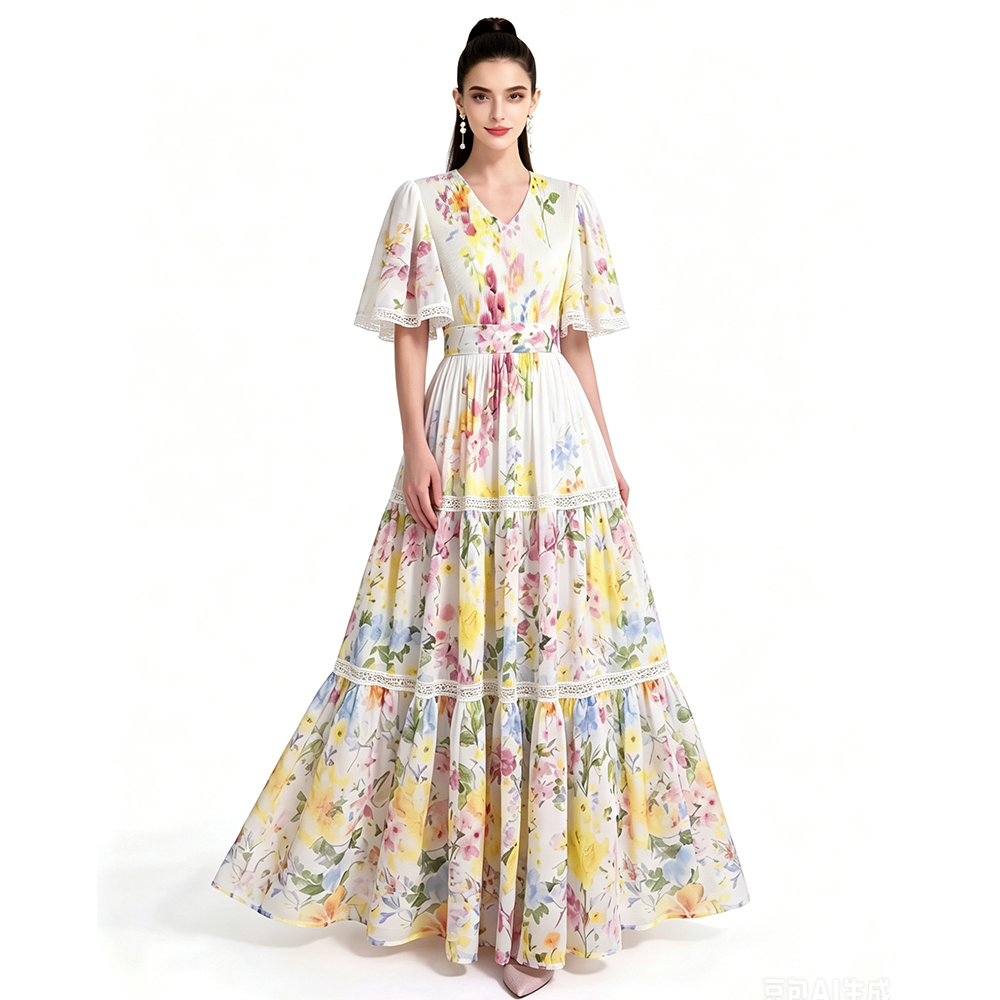 Secret Garden Floral Flutter-Sleeve Tiered Maxi Dress