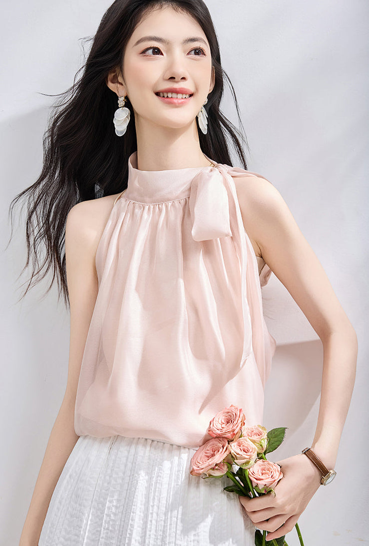Sleeveless Halter Neck Blouse with Side Bow