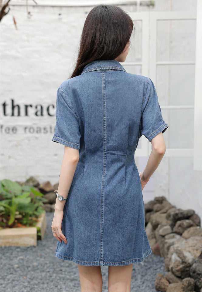 Short Sleeve Denim Wrap Shirt Dress