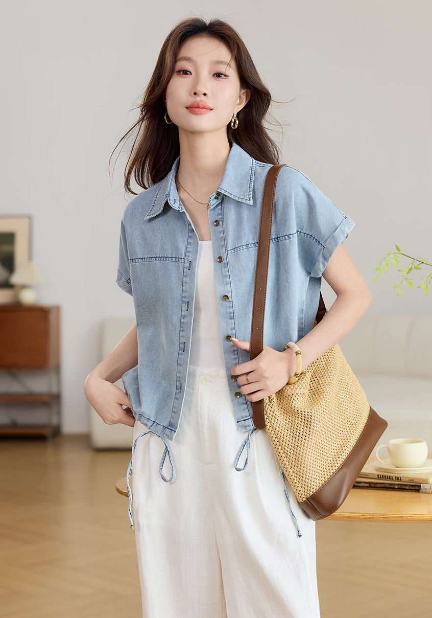 Short Sleeve Drawstring Hem Denim Blouse