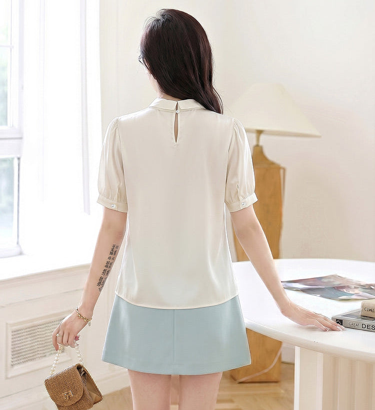 Pastel Satin Blouse With Embellish Bow Neck And Puff Sleeves