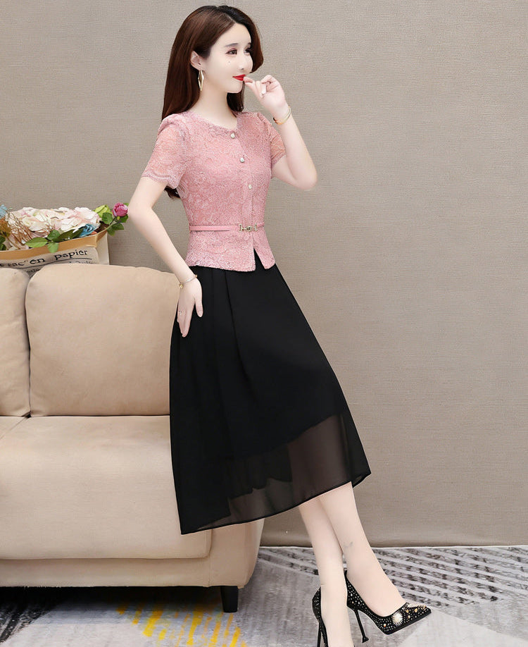 Short Sleeve Lace Button-Up Midi Dress β Elegant Belted Chiffon Skirt Combo Dress
