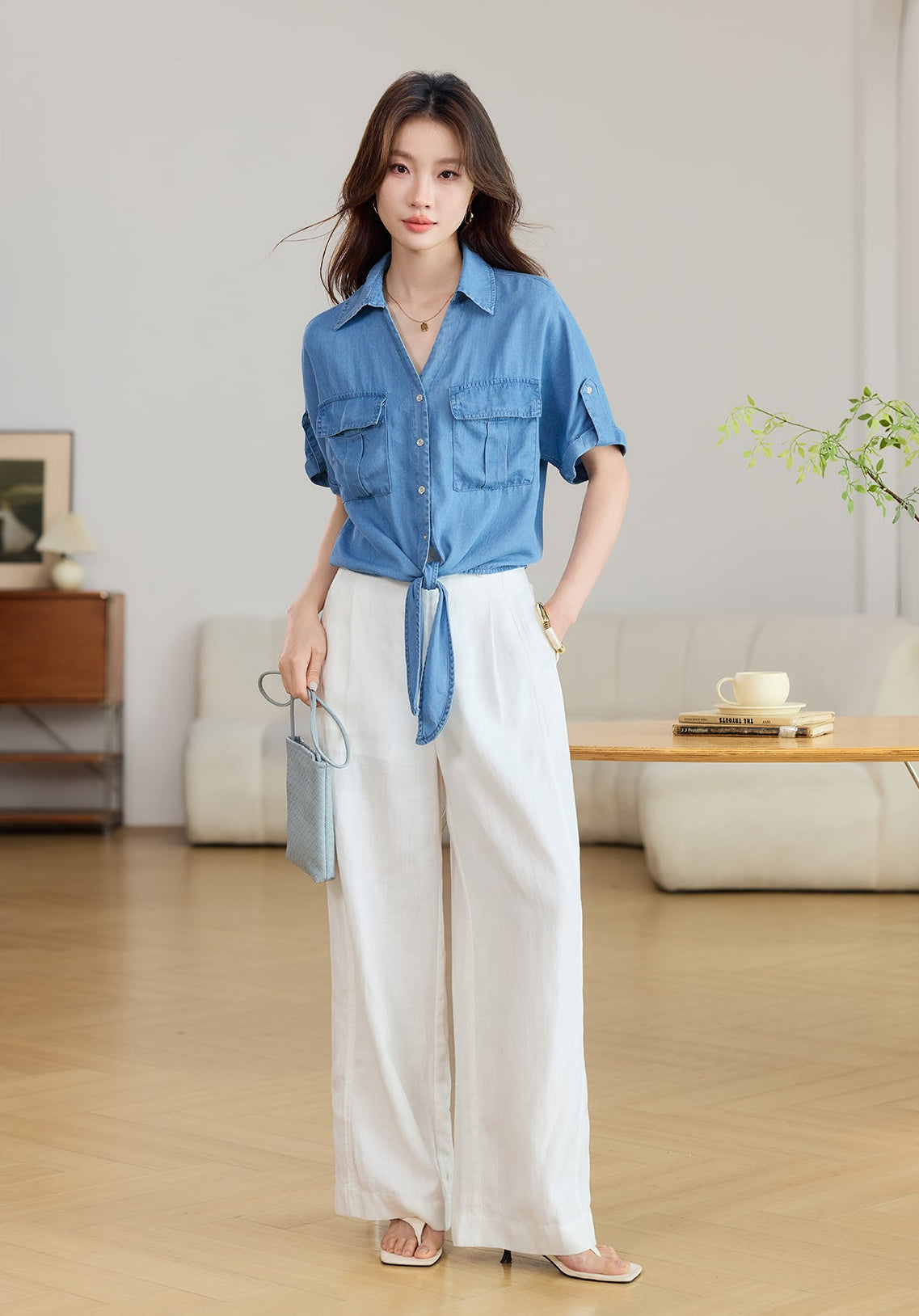 Short Sleeve Tie-Front Denim Shirt with Flap Pockets