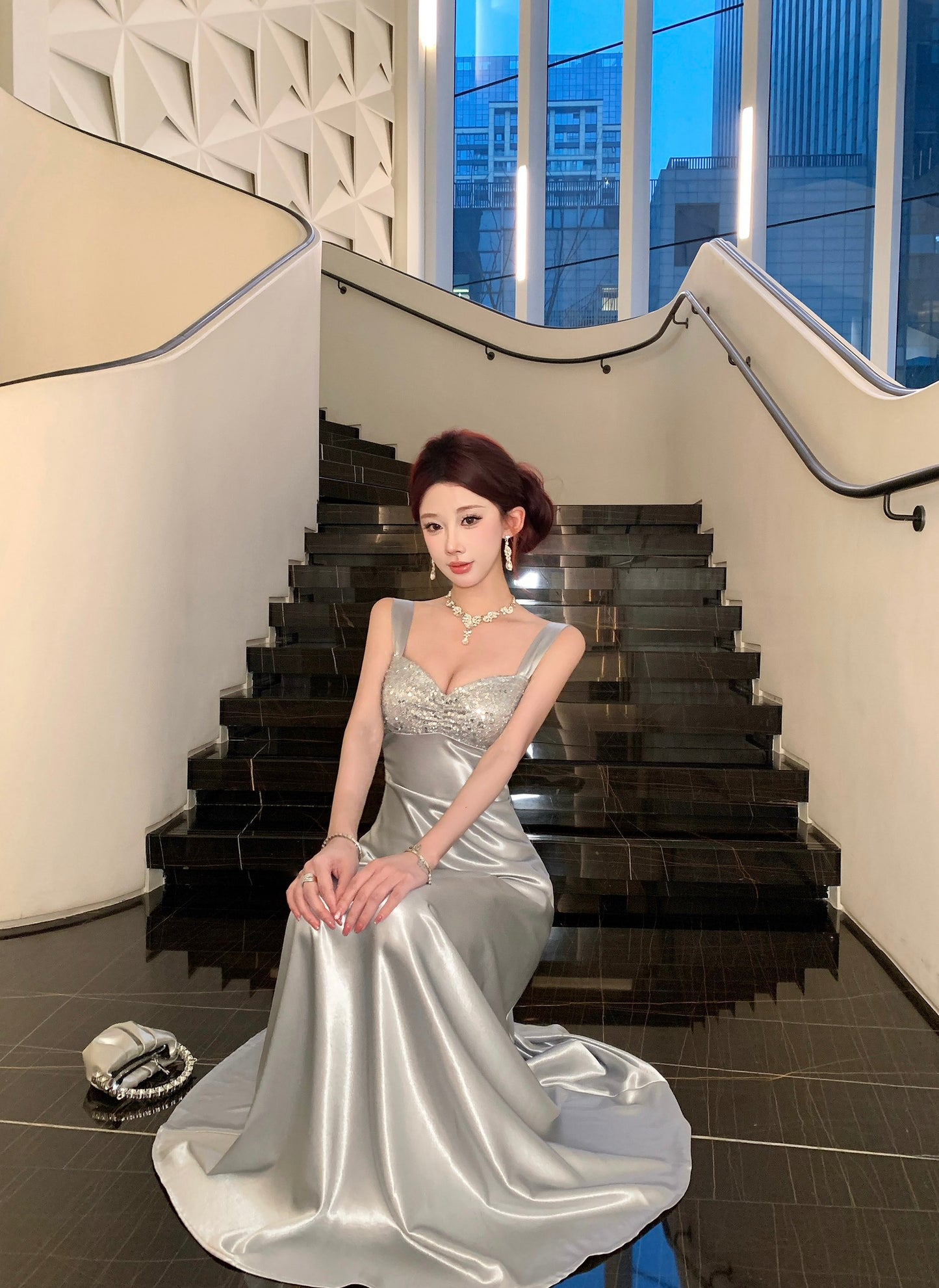Silver Satin Evening Gown with Sequin Embellished Bust