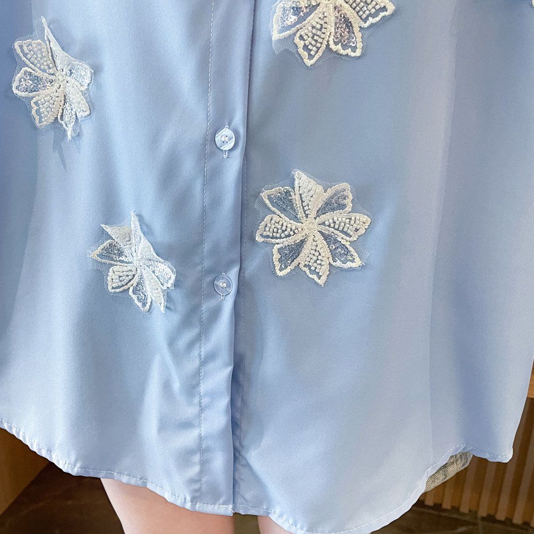 Sky Blue Floral Applique Shirt