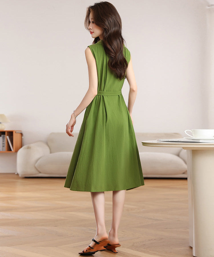 Olive Green Belted A-Line Shirt Dress