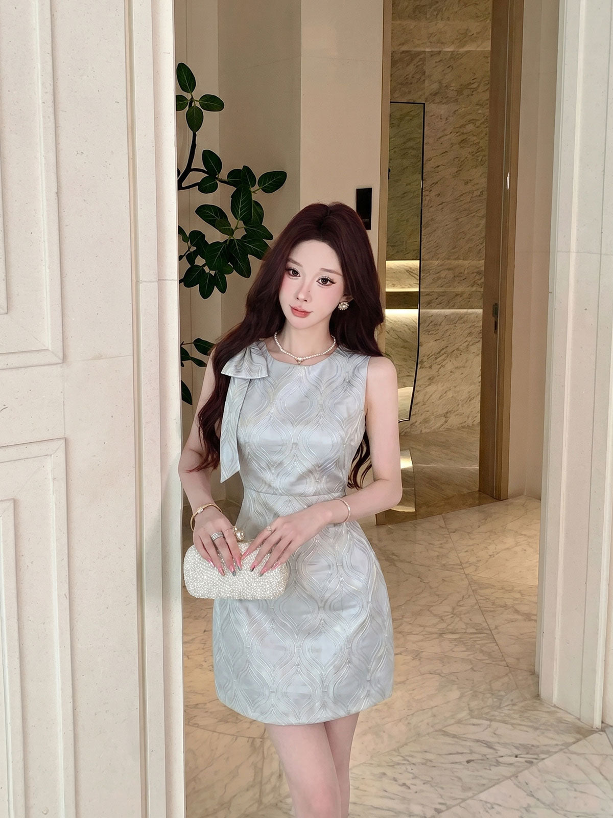 Sleeveless Wavy A-Line Mini Dress With Shoulder Bow
