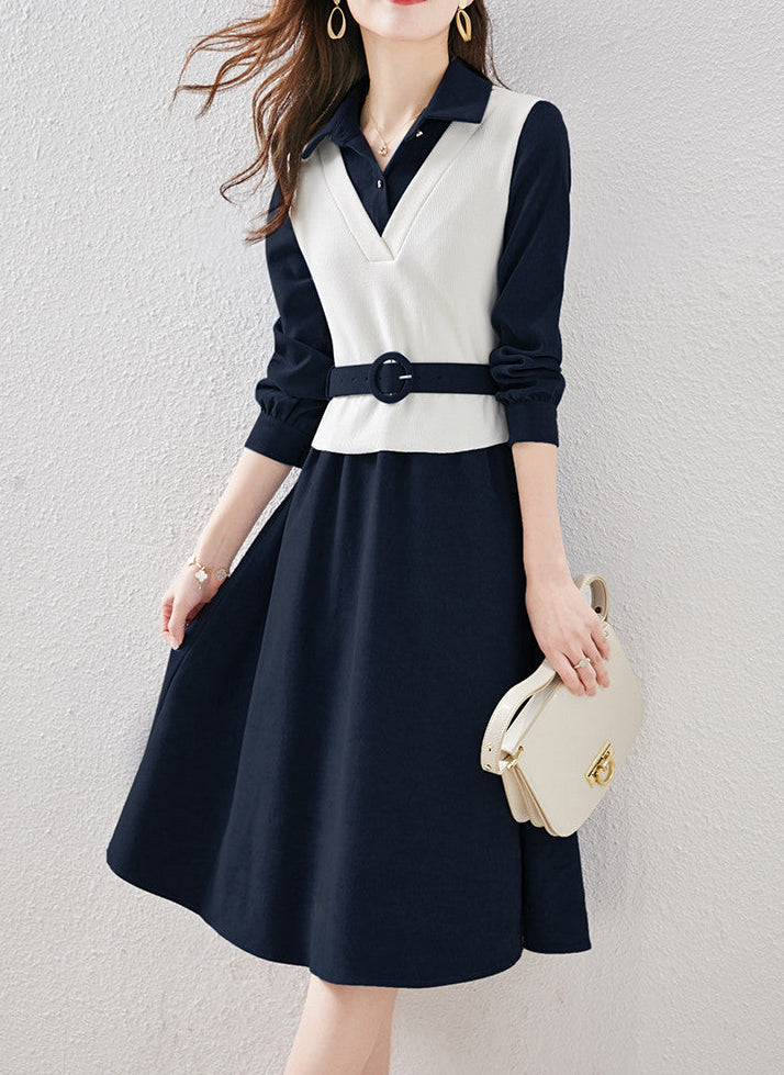 Spring Contrast V-Neck Layered Shirt Dress with Belt