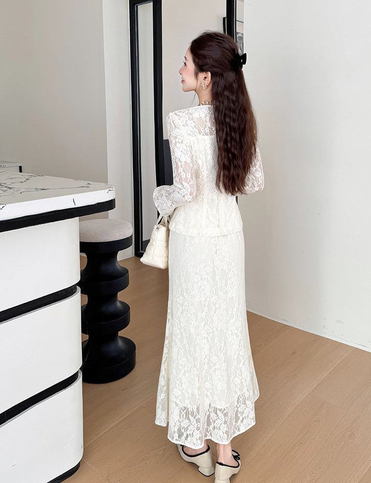 Spring Lace V-neck Elegant Rhinestone French Style With Fishtail Skirt- Two-Piece Set