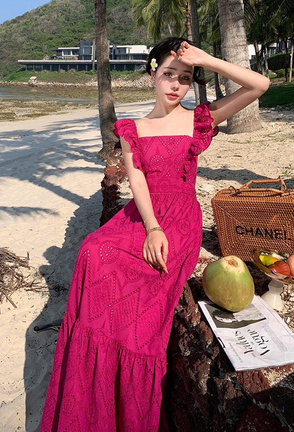 Square Neck Fuchsia Cotton Dress With Tiers