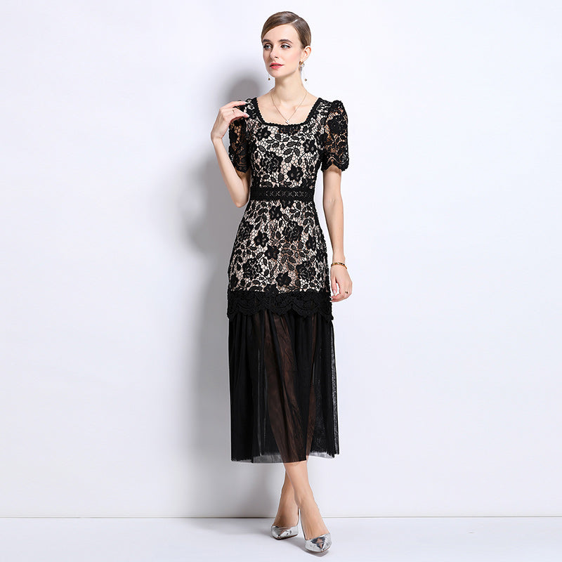Floral Lace Short Sleeve Midi Dress With Tulle Hem