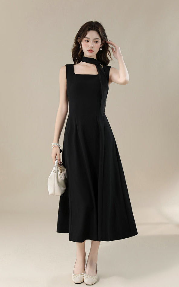 Elegant Black Square-Neck Midi Dress With Detachable Scarf-Sleeveless A-Line Dress