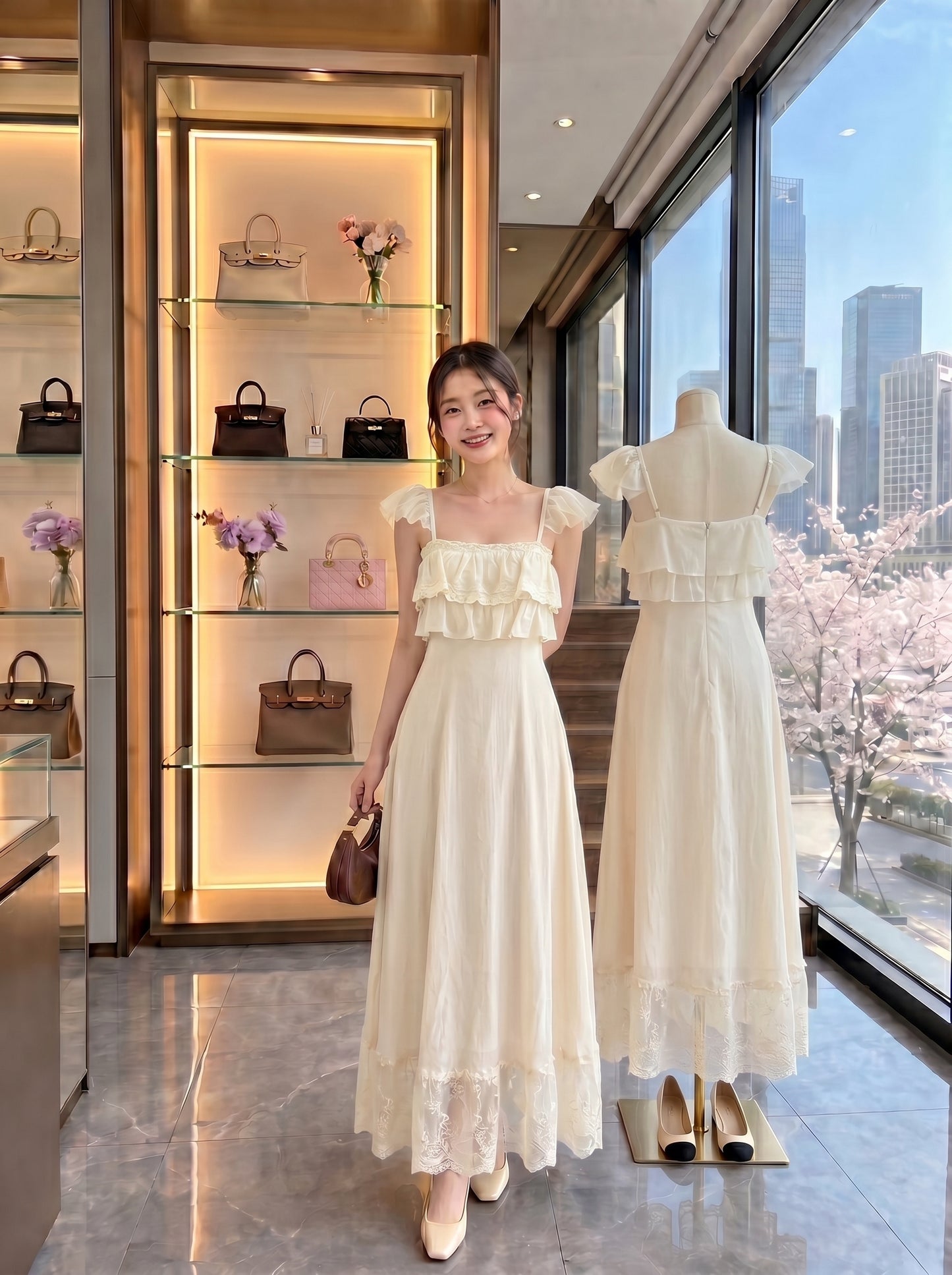 Square Neck Ruffle Maxi Dress with Lace Hem (Peach / White)