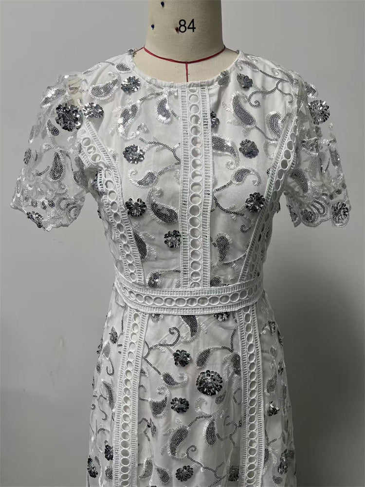 Starlight Embroidered Lace Short-Sleeve Maxi Dress