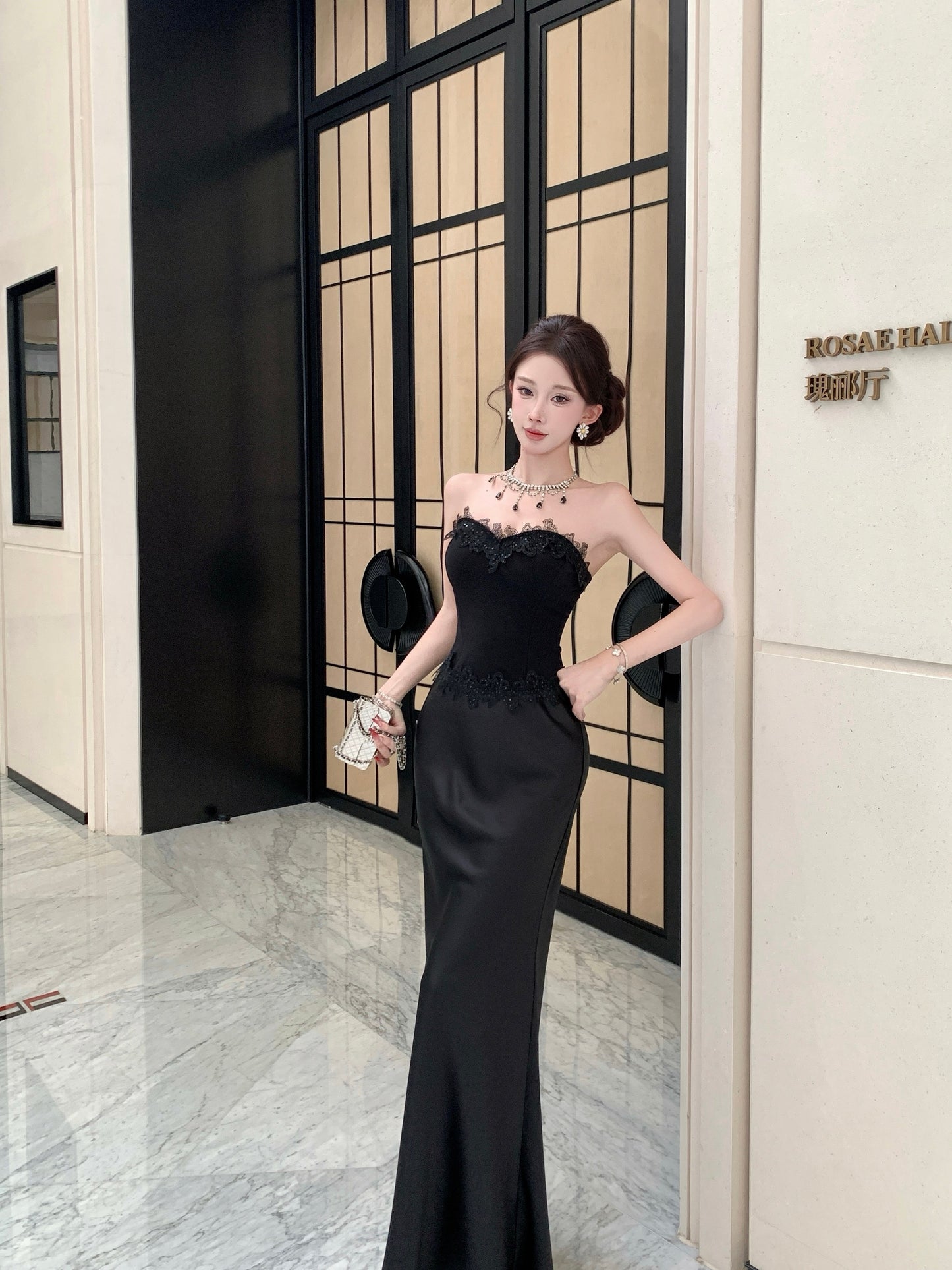 Strapless Black Mermaid Evening Gown with Lace Corset Bodice