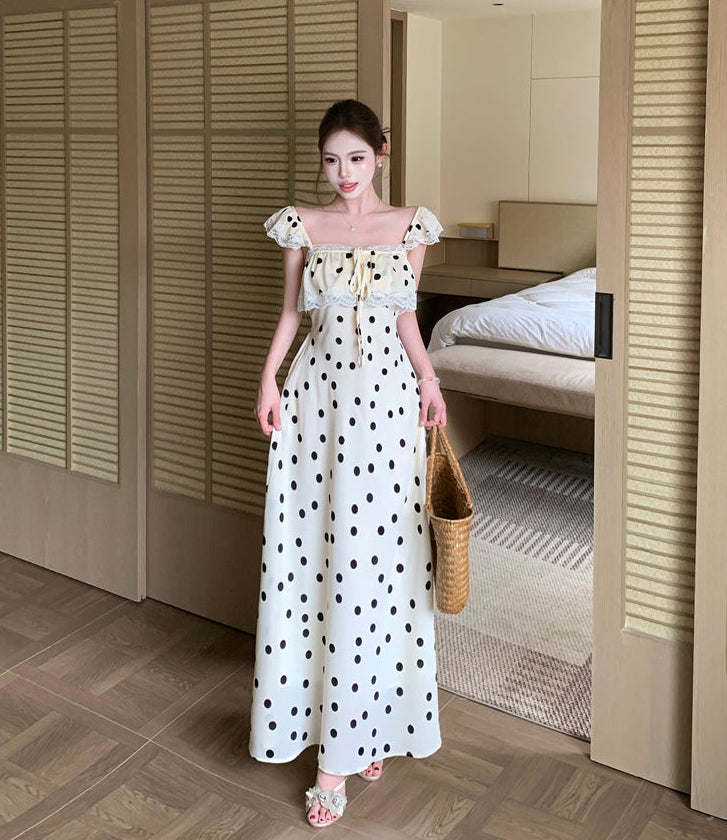Vintage Cream Polka Dot Lace-Trim Maxi Dress