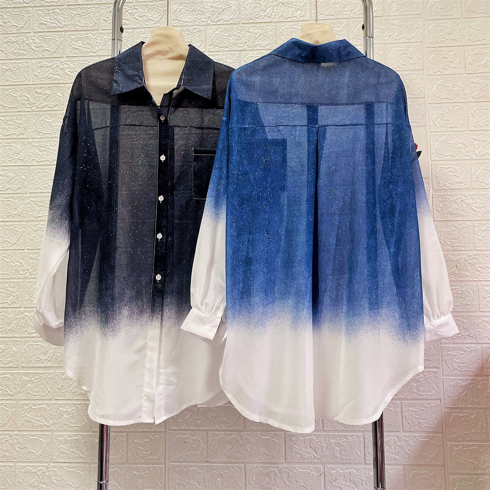 Ombré Sheer Button-Down Shirt – Oversize Beach Cover-Up Blouse
