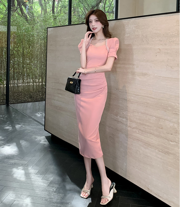 Sweetheart Puff-Sleeve Bodycon Midi with Pearl Accents