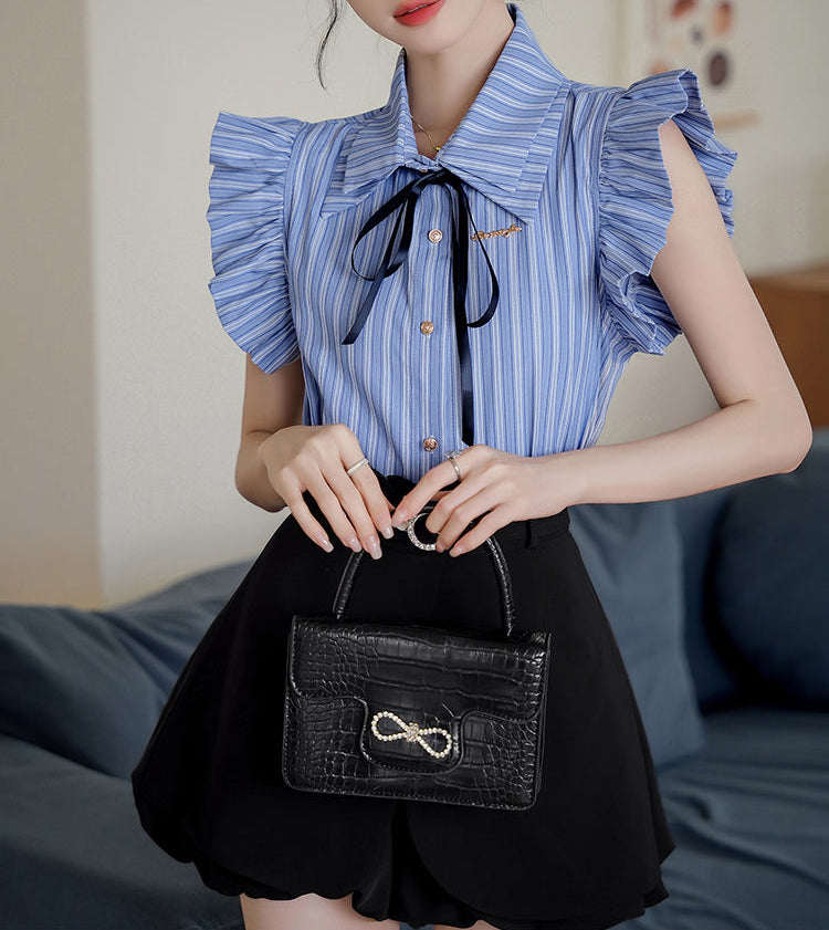 Sleeveless Striped Blouse With Black Ribbon Bow