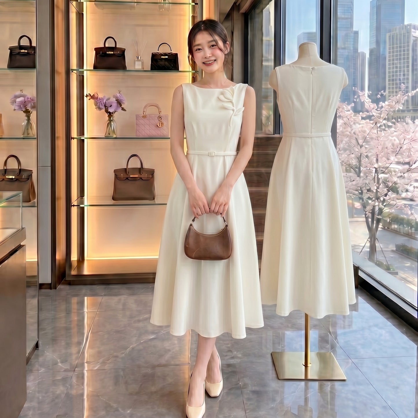 The Camellia Floral Accent Midi Dress (Off White & Blush Pink)