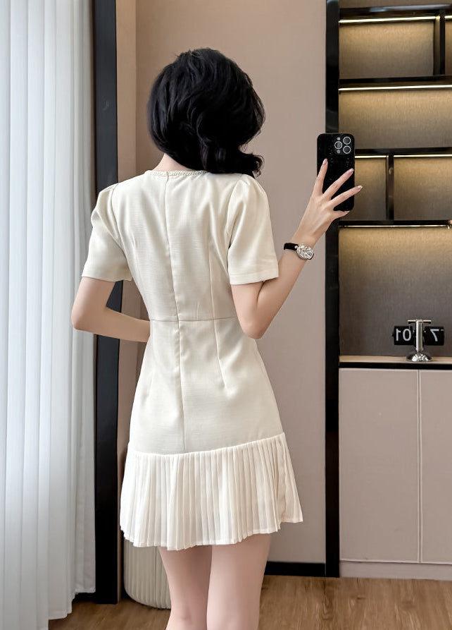 Short Sleeve Cream Tweed Dress With Pleated Flounce Skirt