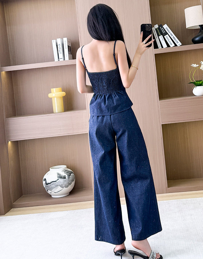Chic Denim Two-Piece Set With Wide-Leg Trousers