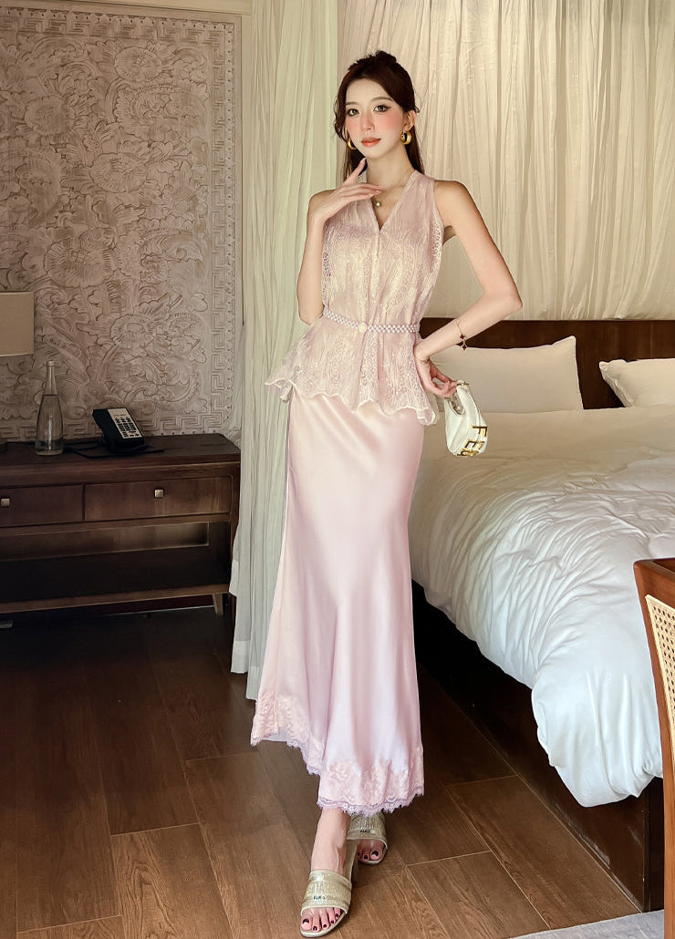V-Neck Lace Peplum Top & Satin Maxi Skirt Two-Piece Dress Set